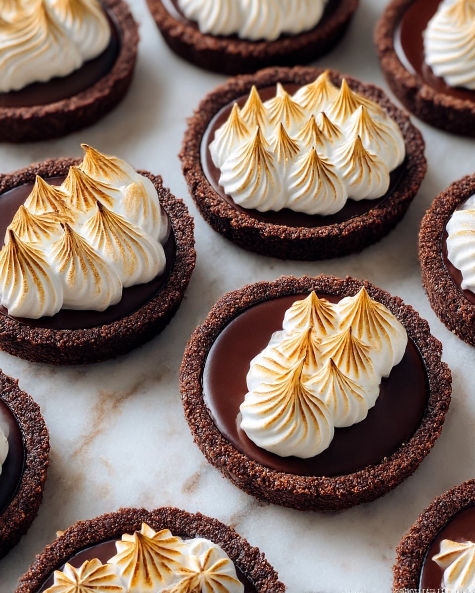 The image shows multiple round chocolate tarts with a dark brown crust and smooth, glossy chocolate filling. Each tart has one or two different styles of white meringue topping, toasted with golden-brown edges. The meringue is piped in either star shapes with ridges or wavy lines across the tart surface. The tarts are placed closely together on a flat surface with a white marbled texture visible between them. The contrast between the dark chocolate, the white meringue, and the golden toasting creates a visually appealing mix of colors and textures. photo taken with an iphone --ar 4:5 --v 7
