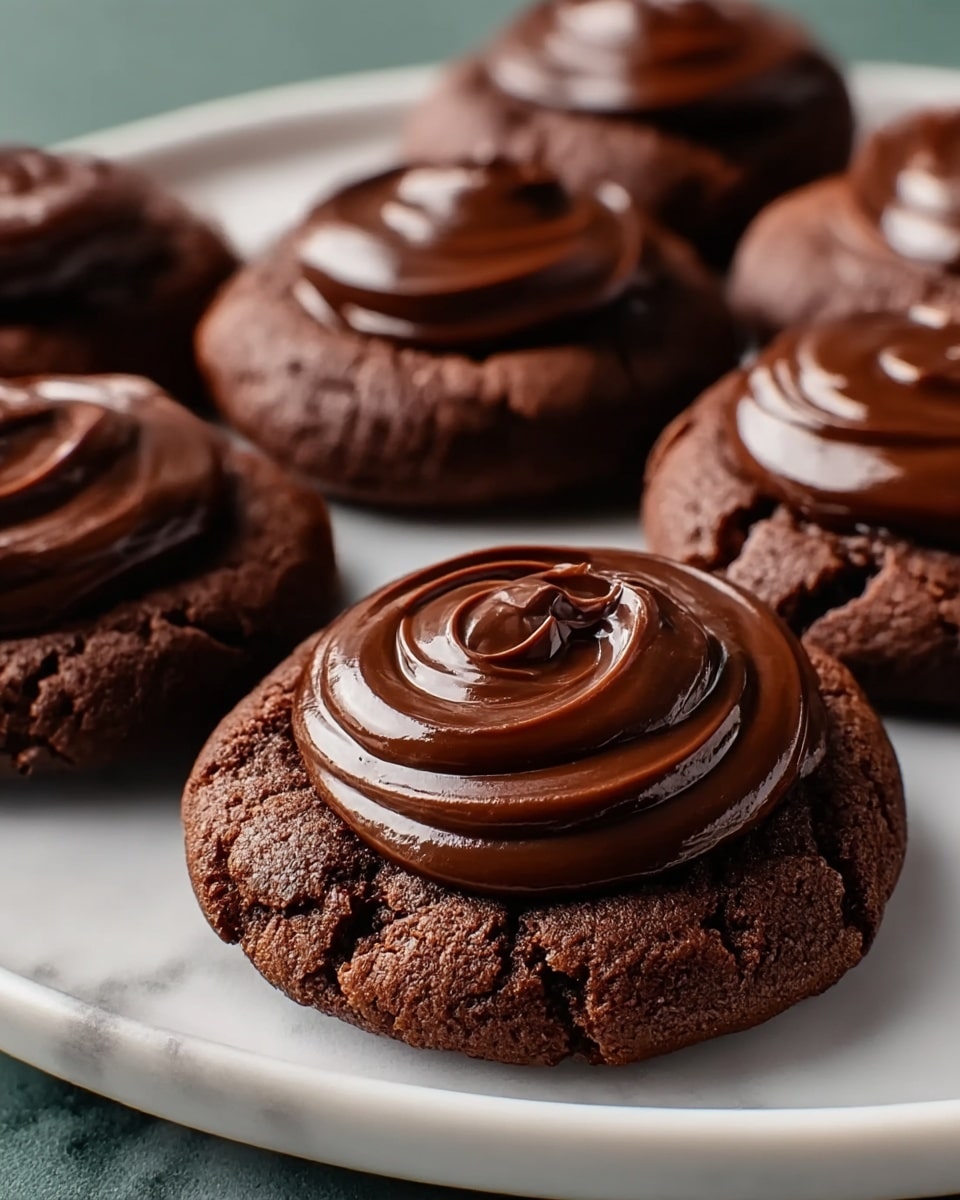 The image shows a close-up of several chocolate cookies placed on a white plate. Each cookie has two layers: a bottom dark brown cookie base with a rough texture, and a thick, smooth, and shiny swirl of rich dark chocolate frosting on top. The cookies are arranged closely together, and the background is a white marbled texture, creating a clean, soft look. The lighting highlights the glossy frosting, making the chocolate look creamy and fresh. photo taken with an iphone --ar 4:5 --v 7