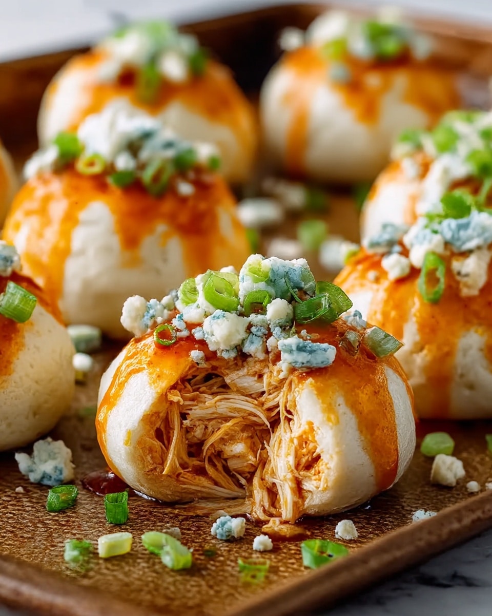 The image shows round, soft bread rolls with a light golden brown top and a creamy white base layer. Each roll has been cut open, revealing shredded orange chicken inside. The rolls are topped with a bright orange sauce drizzled over them, scattered with small chunks of light blue cheese, and sprinkled with chopped green onions. The rolls are placed on a dark baking tray, with a few green onion pieces and cheese crumbs around them. The close-up view highlights the soft texture of the bread and the moist filling inside. Photo taken with an iphone --ar 4:5 --v 7