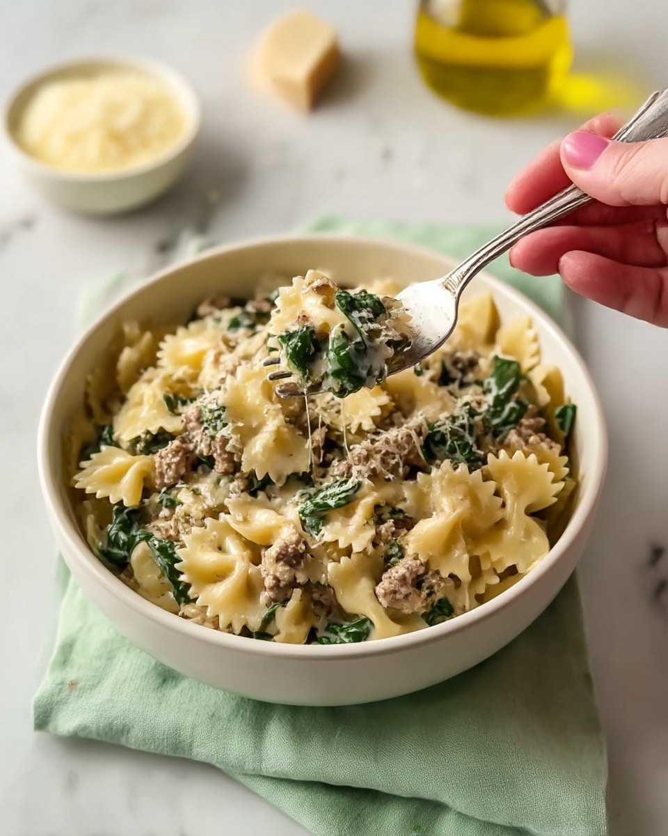 A close-up shot shows a white bowl filled with three layers of creamy farfalle pasta, cooked ground meat, and wilted green spinach mixed throughout. The farfalle pasta is light yellow with a smooth texture, the ground meat is brown and crumbly, and the spinach adds vibrant green spots. A woman's hand holds a silver fork lifting a forkful of pasta, meat, and spinach above the bowl. The bowl is on a soft light green cloth, all placed on a white marbled surface. In the blurred background, small bowls hold grated cheese and olive oil. Photo taken with an iphone --ar 4:5 --v 7