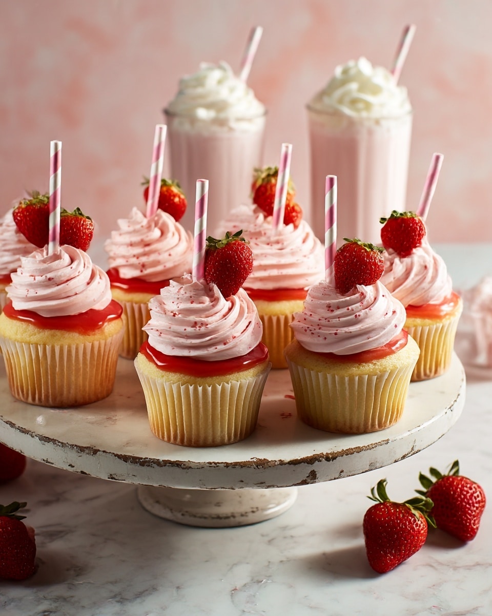 The image shows eight yellow cupcakes arranged on a rustic white cake stand, each with three layers: a soft yellow cake base, a thin bright red glaze layer on top, and a thick swirl of light pink cream frosting capped with a fresh red strawberry half and a pink and white striped straw inserted at an angle. The cake stand is set on a pink table with a few scattered red crumbs, and in the background, there are three tall glasses of pink milkshakes topped with white whipped cream, placed against a soft pink backdrop. Photo taken with an iphone --ar 4:5 --v 7