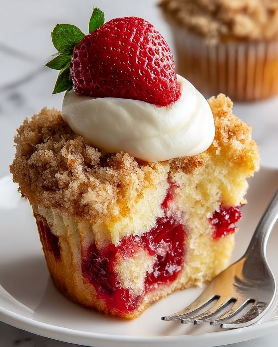 A close-up view of a muffin with three main layers: the bottom layer is a soft, light beige cake with a moist texture and a visible red strawberry filling inside; the middle layer features a golden brown crumbly topping with a slightly toasted look and a grainy texture; the top layer shows a thick dollop of smooth white cream placed in the center, topped with a bright red strawberry with green leaves. The muffin is positioned on a white plate with a metal fork next to it, all set against a white marbled textured surface. photo taken with an iphone --ar 4:5 --v 7