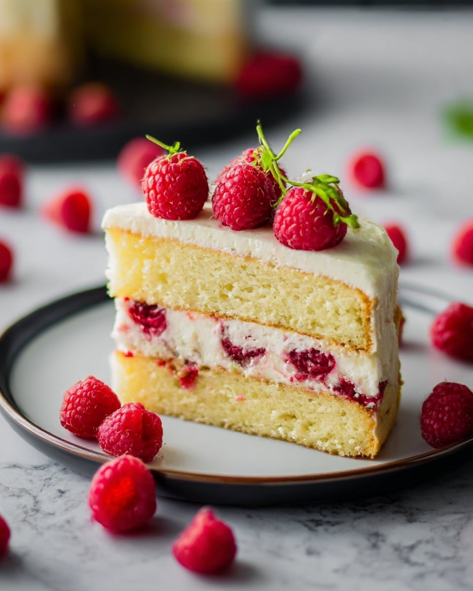 A slice of three-layered cake sits on a white plate with a cream rim, placed on a white marbled surface. The bottom layer is light yellow cake with bits of pistachio, followed by a thin white cream layer with red raspberry pieces. The middle layer is thicker, pale yellow cake, topped with another thin white cream layer mixed with more raspberry bits. The top layer is a smooth, pale yellow icing. Fresh red raspberries with green stems are placed on top and around the cake slice, adding a bright pop of color. photo taken with an iphone --ar 4:5 --v 7