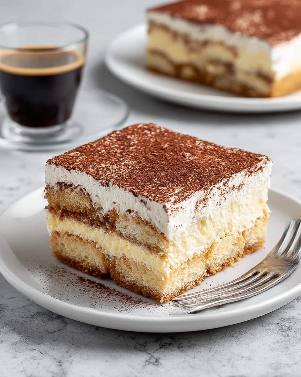 A square slice of tiramisu sits on a white plate on a white marbled surface. The dessert has three distinct layers: the bottom layer is a light brown, moist cake with visible coffee-soaked ladyfinger pieces; the middle layer is a creamy, pale yellow mascarpone mixture; and the top layer is thick, white whipped cream dusted generously with dark brown cocoa powder. In the background, another plate with a larger piece of the same dessert and a glass of dark coffee are slightly out of focus. A metal fork rests beside the plate on the white marbled surface. Photo taken with an iphone --ar 4:5 --v 7