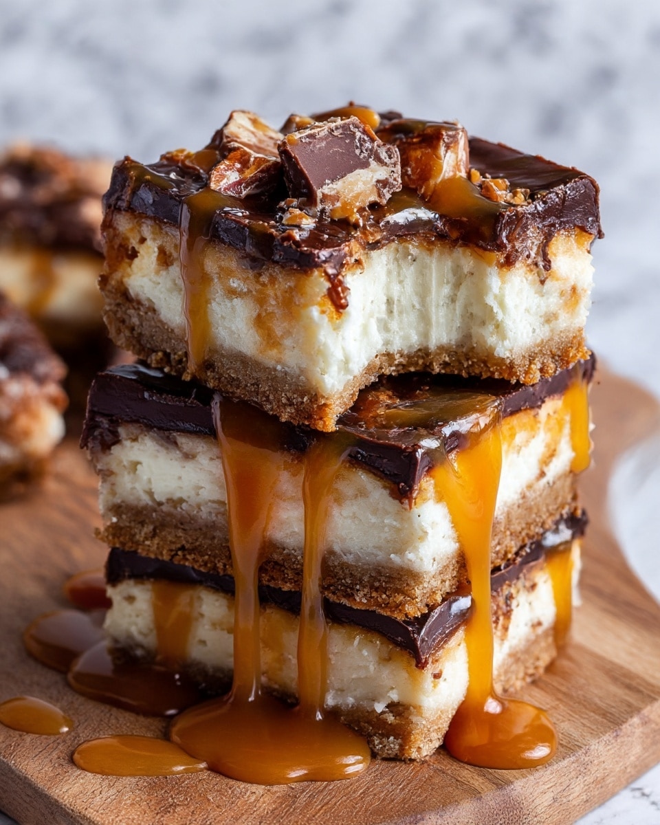 Two square cheesecake bars stacked on each other on a wooden board over a white marbled surface. Each bar has three layers: a bottom light brown crumbly crust, a thick middle layer of creamy white cheesecake, and a top layer of glossy dark chocolate mixed with broken pieces of candy and drizzled with golden caramel sauce, some caramel dripping down the sides. The top bar has a bite taken out, showing the creamy texture inside. Photo taken with an iphone --ar 4:5 --v 7