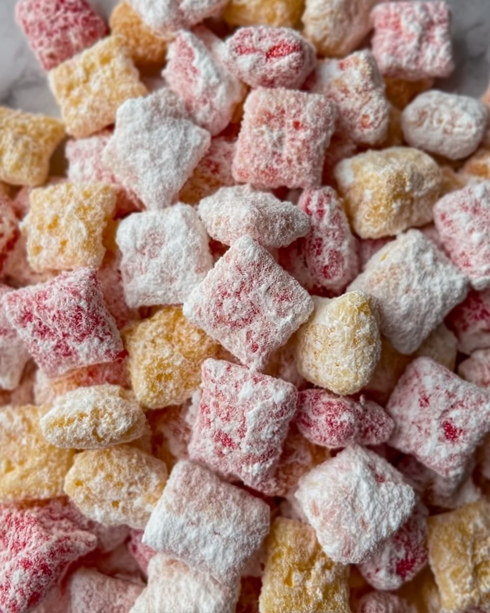 The image shows a close-up of many small, square cereal pieces, each coated in a layer of white powdered sugar that gives them a soft, fluffy look. The cereal pieces come in light yellow, pale orange, and pink colors, all mixed together evenly. Each piece has a rough texture with powdered sugar stuck on the surface, making them look dusty and sweet. The background is out of focus but appears to be a white marbled texture. photo taken with an iphone --ar 4:5 --v 7