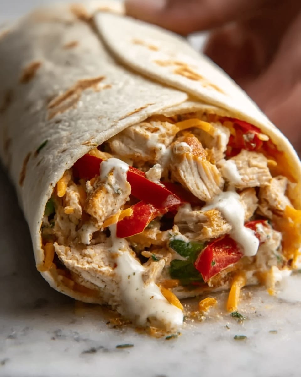 A close-up of a chicken wrap showing a white flour tortilla folded around layers of grilled chicken pieces mixed with orange shredded cheese, red bell pepper slices, and drizzled creamy white sauce. The wrap is resting on a white marbled surface with some herbs visible inside, showing a mix of textures from soft tortilla to tender chicken and fresh vegetables. A woman's hand is gently holding one end of the wrap. photo taken with an iphone --ar 4:5 --v 7