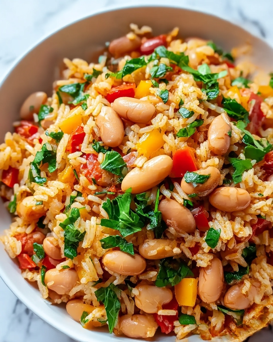 A close-up view of a white bowl filled with a one-layer dish of cooked rice mixed with light brown beans, finely chopped red and yellow bell peppers, small tomato pieces, and bright green chopped leafy herbs on top. The rice is lightly orange, indicating seasoning, and the beans are smooth and oval-shaped, scattered evenly throughout. The colorful vegetables and green herbs add a fresh and vibrant texture to the dish. The bowl is placed on a white marbled surface. photo taken with an iphone --ar 4:5 --v 7
