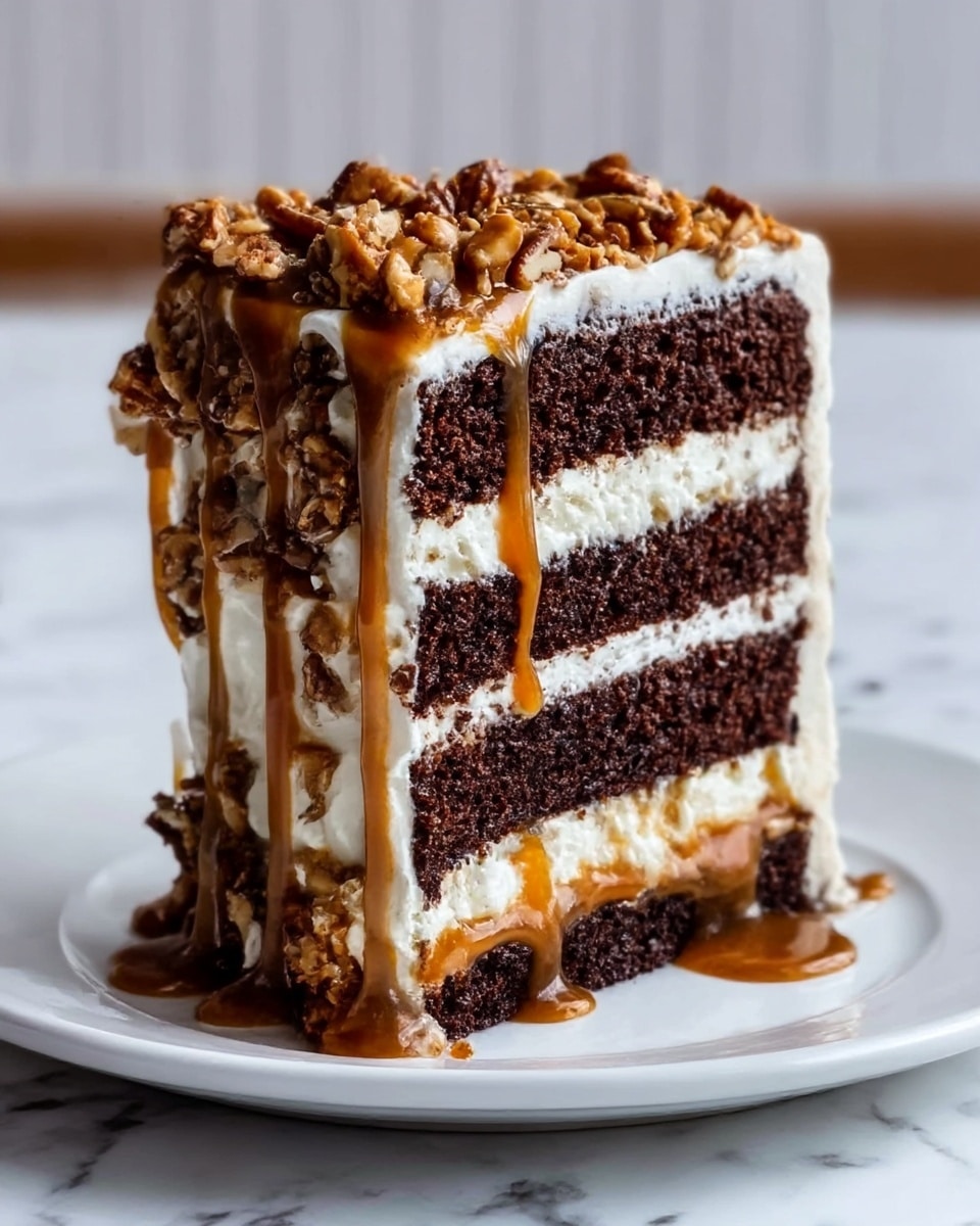 The image shows a tall slice of chocolate layer cake on a white plate, placed on a white marbled surface. The cake has four thick, dark brown chocolate layers separated by creamy white frosting and a caramel-colored filling. The outside of the cake is covered in white frosting with caramel sauce dripping down the sides. The top of the cake is covered with crunchy pieces of nuts. photo taken with an iphone --ar 4:5 --v 7