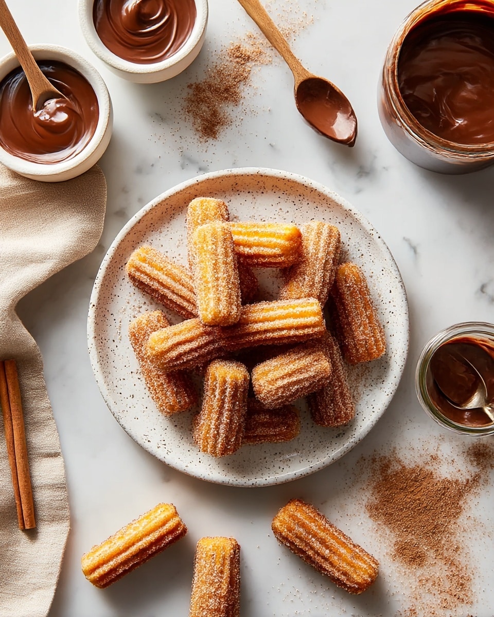 A white speckled plate holds thirteen small churros, each coated evenly with a sugar and cinnamon mix, showcasing a golden-brown exterior with ridged texture. The churros are arranged in a loose cluster, with three churros placed slightly outside the plate on a white marbled surface. To the top left of the plate are two small white bowls filled with smooth chocolate sauce, one with a wooden spoon resting inside it. On the right side near the plate is a glass jar filled with more chocolate sauce, a spoon inside it as well. There is a light dusting of cinnamon powder scattered around the plate and on the surface near a cinnamon stick. A wooden spoon is lying on the left next to a beige cloth on the white marbled backdrop. Photo taken with an iphone --ar 4:5 --v 7