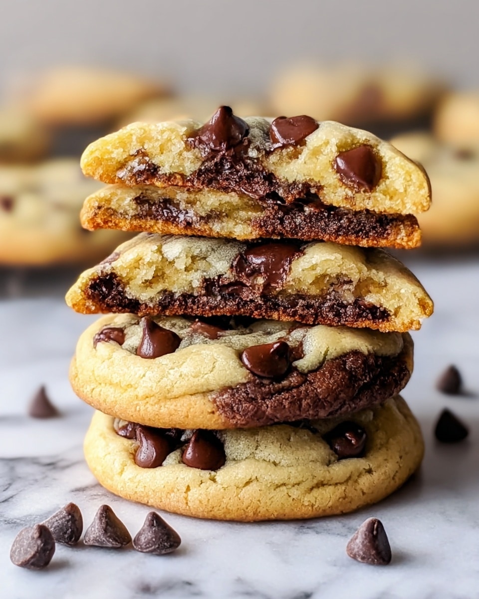 The image shows a stack of four thick chocolate chip cookies, with the top one broken in half to reveal its inside. Each cookie has a golden-brown edge with a soft, pale yellow center full of dark brown, shiny chocolate chips. The broken top cookie shows a clear two-layer texture, with a darker, denser brown bottom layer and a lighter, softer top layer covered in chocolate chips. Around the stack, a few loose chocolate chips are scattered on a white marbled surface. The photo taken with an iphone --ar 4:5 --v 7