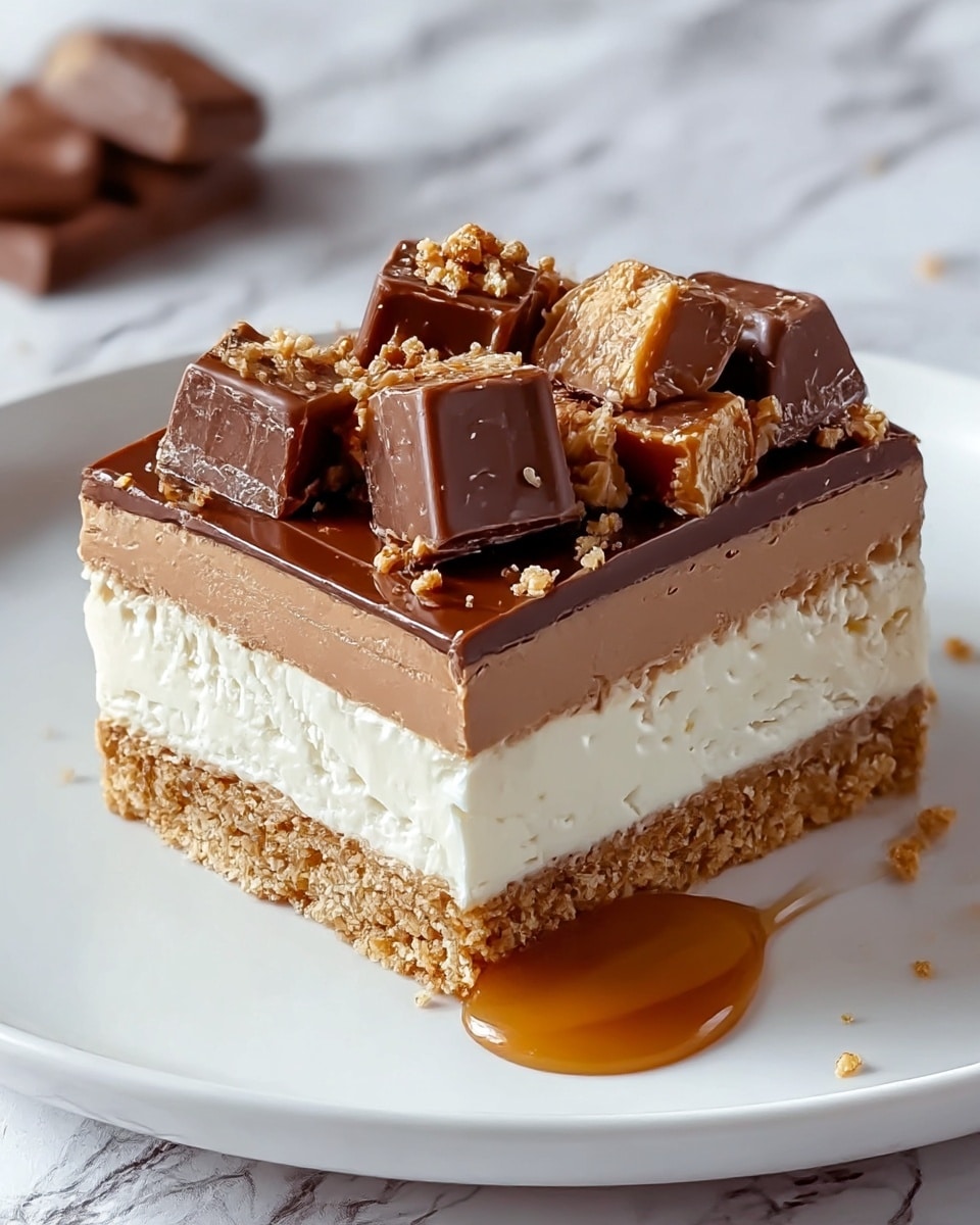 A square dessert slice sits on a white plate, resting on a white marbled texture. The bottom layer is a crunchy, light brown crumb base. Above it is a thick, smooth milk chocolate layer with a shiny texture. Next, there is a large, thick layer of creamy white filling with a soft texture. On top of that is a thin, glossy milk chocolate layer. The dessert is topped with large, smooth chocolate chunks and sprinkled with crunchy caramel-colored bits. A small pool of caramel sauce sits next to the dessert on the plate. Photo taken with an iphone --ar 4:5 --v 7