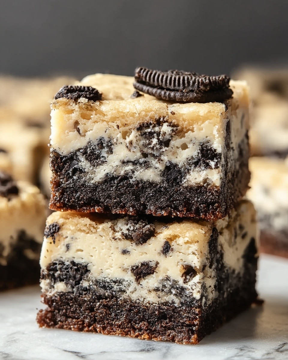 The image shows two stacked square cookie bars with three distinct layers. The bottom layer is dark brown and crumbly, resembling a chocolate cookie crust. The middle layer is thick and light cream-colored, filled with crushed black and white cookie pieces that add a speckled texture. The top layer is a beige cookie dough, slightly crumbly and soft, with whole black cookie pieces partially embedded near the surface. The bars sit on a white marbled texture, with more of these bars blurred in the background. photo taken with an iphone --ar 4:5 --v 7