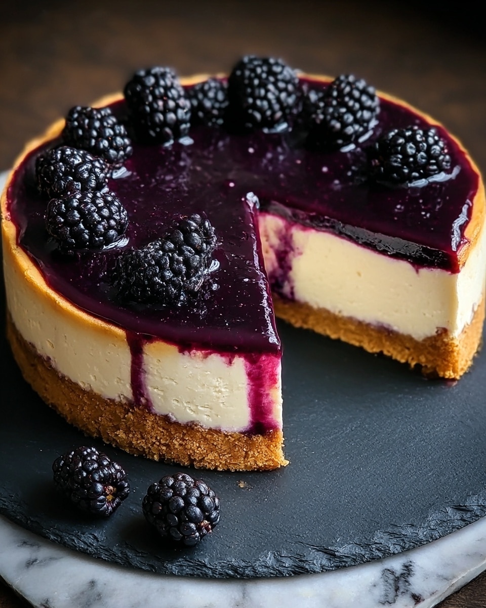 A cheesecake with three visible layers on a dark slate plate and a white marbled surface. The bottom layer is a thick, crumbly golden-brown crust. The middle layer is a smooth, creamy white cheesecake. The top layer is a glossy, deep purple blackberry glaze spread evenly. The cheesecake is decorated with whole blackberries arranged on top, and one slice is removed showing all layers clearly. Photo taken with an iphone --ar 4:5 --v 7