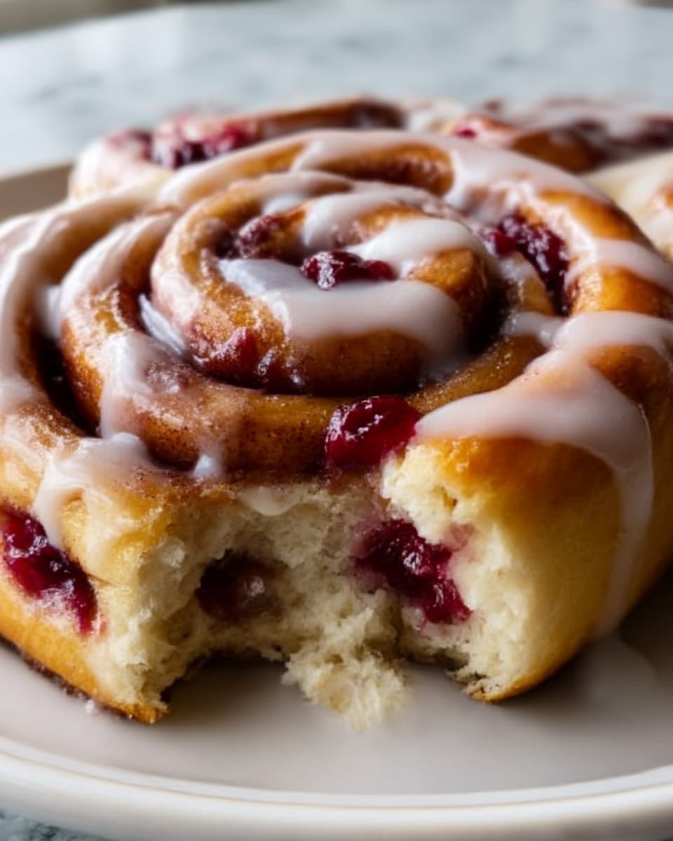 The image shows a close-up of a cinnamon roll with three visible layers of soft, light brown dough swirled tightly. Inside the swirls are dark red berry filling spots that look juicy and thick. The top is drizzled with white icing that glistens slightly and runs down the sides. Part of the roll is pulled away, showing the fluffy inside and some berry filling inside the torn section. The cinnamon roll sits on a white plate placed on a white marbled surface. photo taken with an iphone --ar 4:5 --v 7
