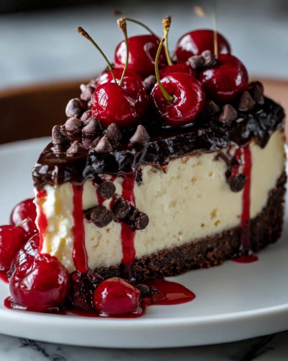 A rich slice of cheesecake with three visible layers sits on a white plate: the bottom layer is a dark brown chocolate crust, the middle layer is creamy off-white cheesecake, and the top layer is a glossy dark chocolate ganache with chocolate chips scattered on top. Bright red cherries with stems soaked in red syrup cover the ganache, some spilling onto the plate and dripping down the side of the cheesecake. The white marbled surface beneath adds a clean, elegant look. Photo taken with an iphone --ar 4:5 --v 7