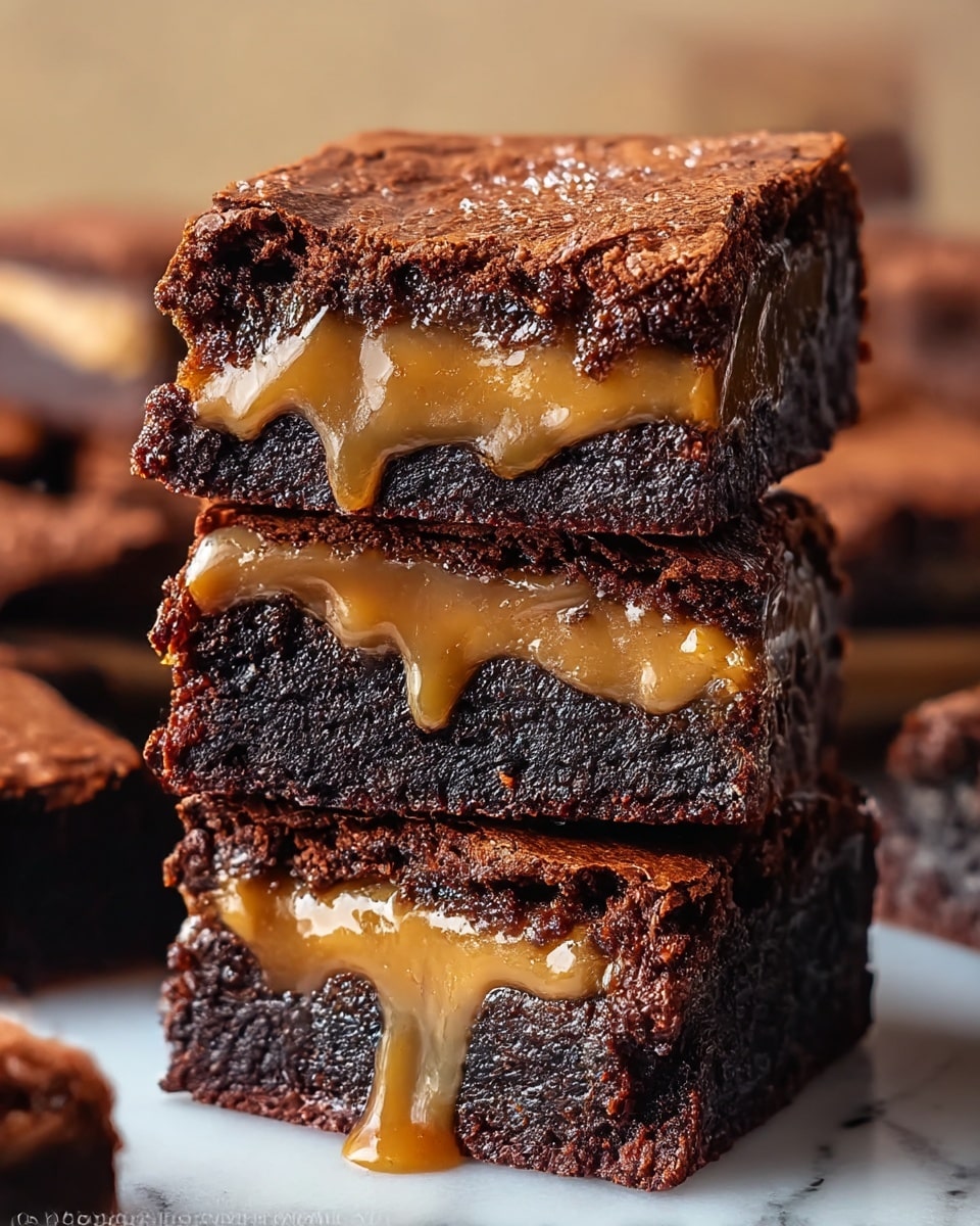 A close-up view of a stack of three rich, fudgy chocolate brownies with a thick layer of smooth caramel in the middle of each piece. The brownies are dark brown with a slightly cracked, shiny top layer and a moist, dense texture. The caramel is golden and glossy, oozing slightly from between the layers, giving the dessert a gooey appearance. The background shows more brownies blurred softly against a white marbled texture. Photo taken with an iphone --ar 4:5 --v 7