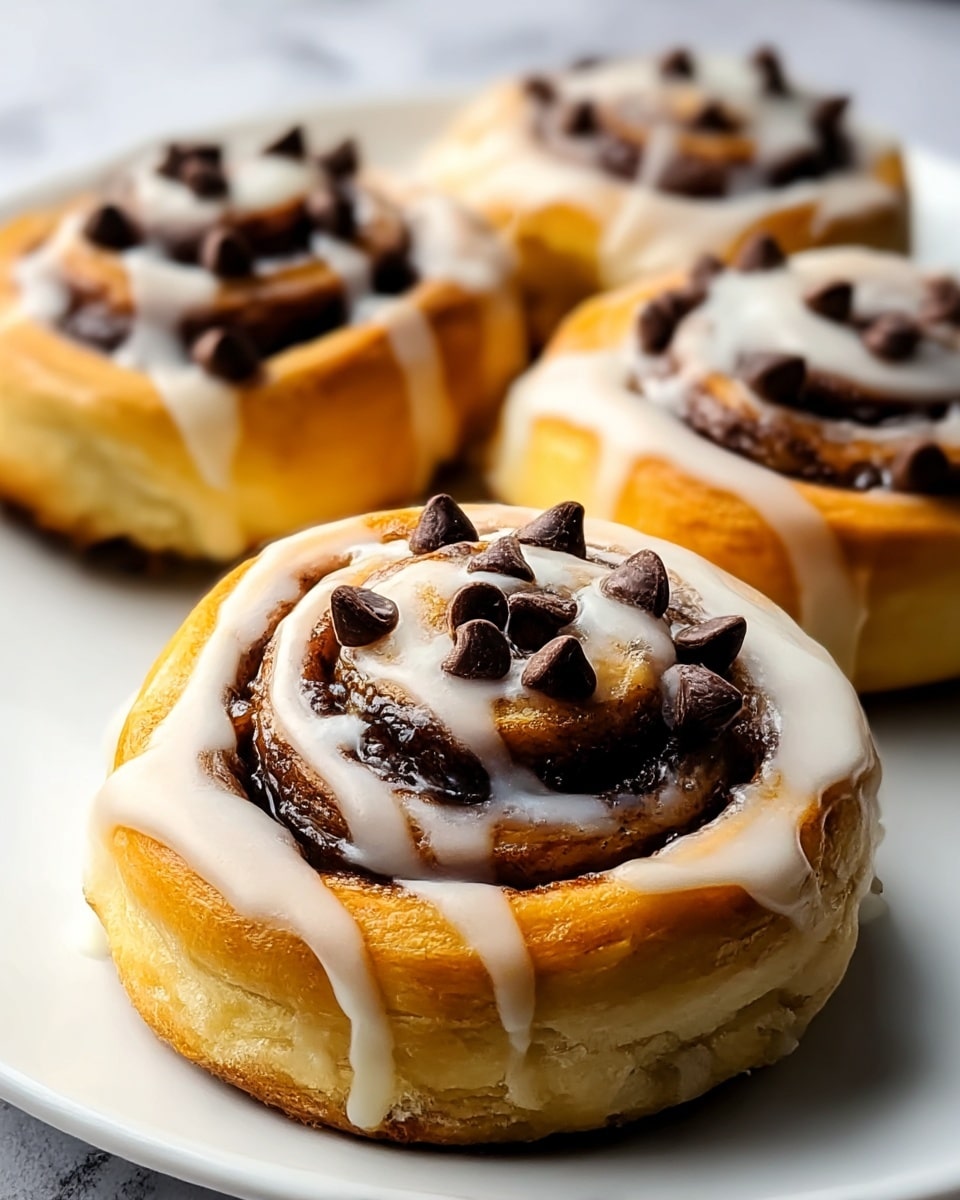The image shows four cinnamon rolls on a white plate set against a white marbled texture. Each roll has multiple golden-brown dough layers spiraled tightly with a dark cinnamon sugar filling. The top of the rolls is dotted with melted dark chocolate chips, some nestled between the layers. A smooth, creamy white glaze is drizzled over the rolls, running down the sides in thin streams. The front cinnamon roll is in sharp focus, showing detailed textures of the soft dough, gooey chocolate, and shiny glaze, with the other rolls blurred softly behind it. photo taken with an iphone --ar 4:5 --v 7