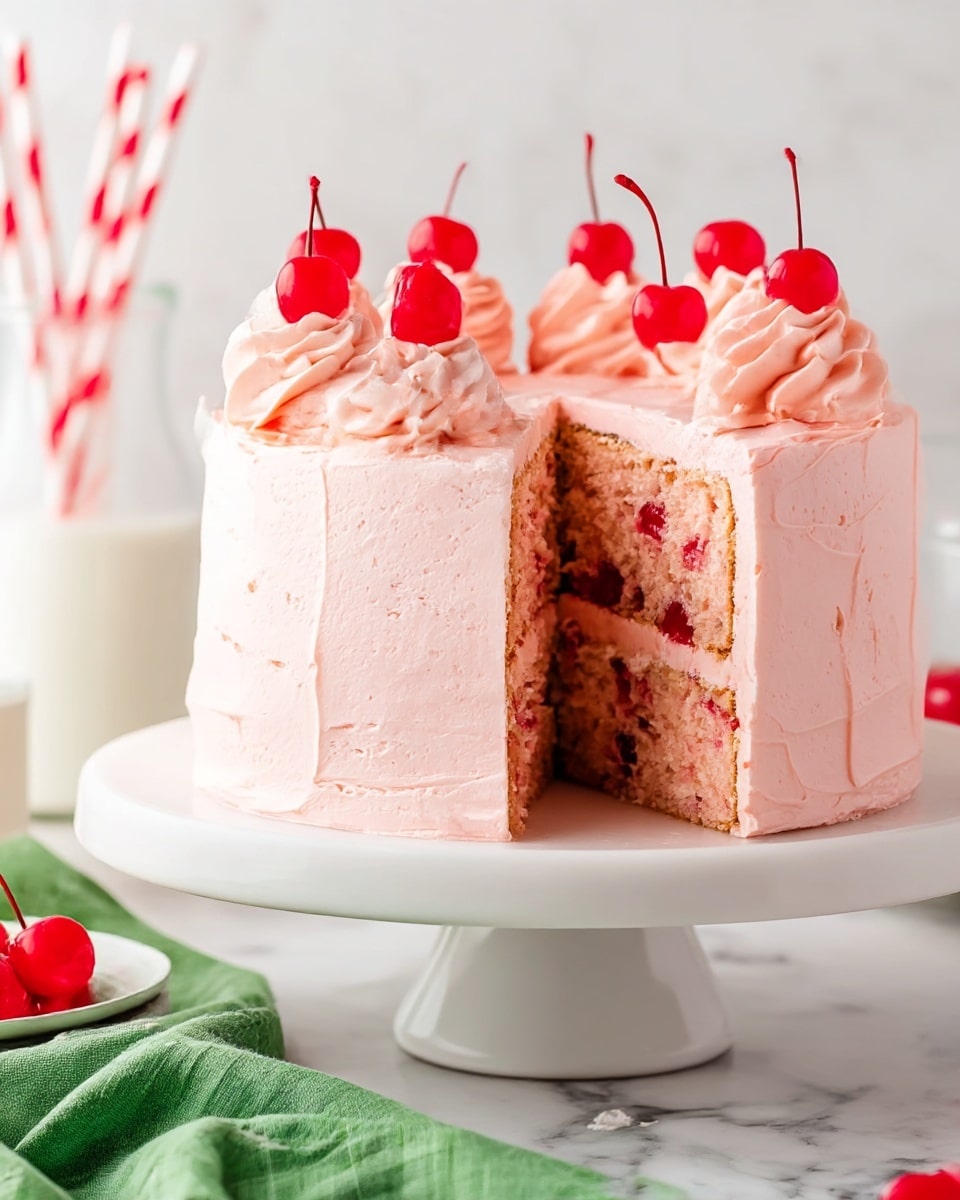 A two-layer pink cake with bright red cherry pieces inside each layer sits on a white cake stand with a smooth surface. The cake is covered in pale pink frosting that looks creamy and smooth, with a thicker layer of frosting between the cake layers. On top, there are seven swirls of light pink frosting, each topped with a single bright red cherry with a stem. The cake stand is placed on a white marbled surface, with a green cloth in the foreground and blurred red and white striped straws and a glass of milk in the background. photo taken with an iphone --ar 4:5 --v 7