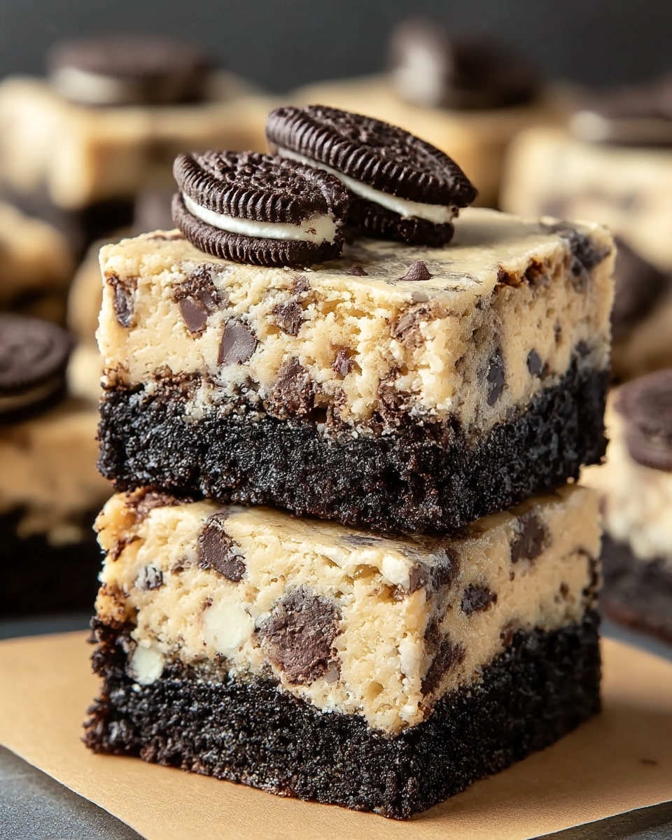 Two layered square dessert bars are stacked on top of each other on a light brown paper. The bottom layer is a dark black crumbly base that looks dense and chocolatey. The top layer is thick and beige with specks of dark chocolate and white chunks mixed evenly, giving it a soft and moist texture. On the top square, three mini dark chocolate sandwich cookies are placed as decoration. The background is out of focus with more dessert pieces visible. Photo taken with an iphone --ar 4:5 --v 7
