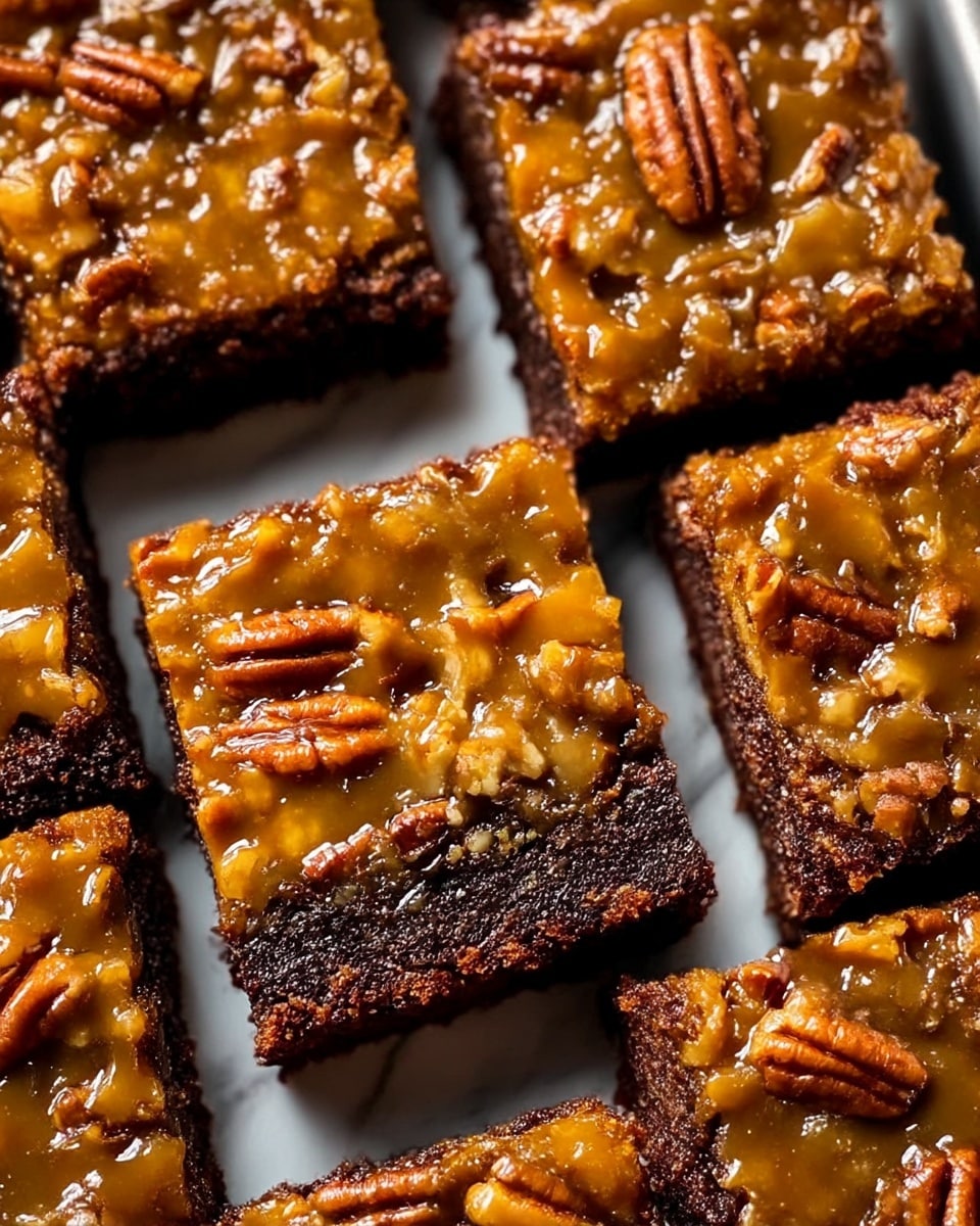 The image shows close-up pieces of a dessert bar arranged closely in a tray with a white marbled background. Each piece has two visible layers: the bottom layer is dark brown with a rich, dense, and slightly crumbly texture, likely chocolate-based. The top layer is a shiny, golden-brown caramel-like topping mixed with small, glossy pecan nut pieces evenly spread across each piece. The pecans add a textured, crunchy look to the smooth top layer. The pieces are cut into squares, showing a moist and gooey appearance on the top that contrasts with the darker base. Photo taken with an iphone --ar 4:5 --v 7