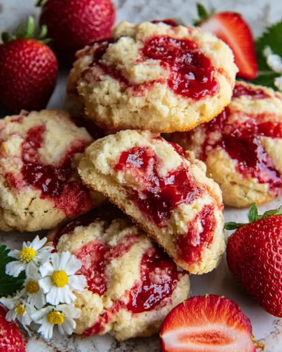 The image shows several soft cookies with a crumbly texture, swirled with red berry jam throughout each piece. The cookies have a golden-brown top with chunks of jam visible both inside and on the surface. Fresh whole and sliced strawberries sit around the cookies, adding a bright red color contrast. Small white flowers with yellow centers are placed decoratively near the strawberries. All items rest on a white marbled textured surface. Photo taken with an iphone --ar 4:5 --v 7