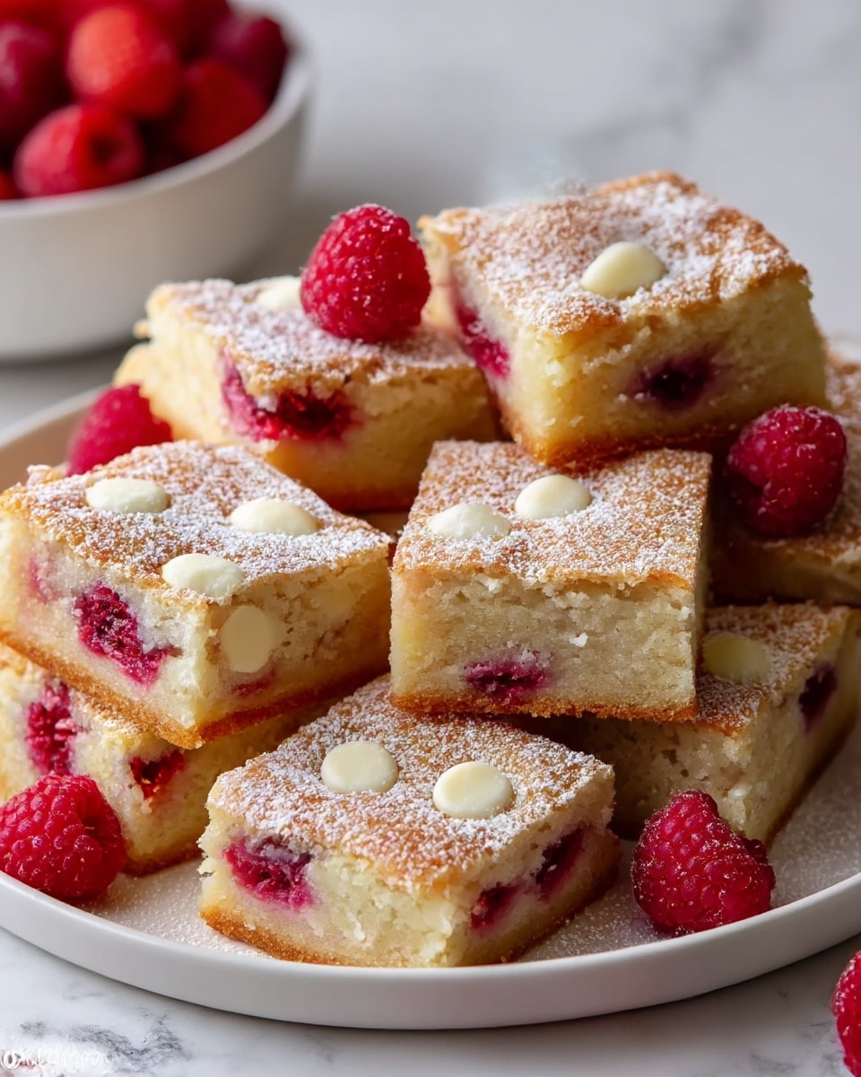 This image shows a white plate full of square cake pieces, each with three visible layers: a light golden-brown crust at the bottom, a soft pale yellow middle with embedded bright red raspberries, and a light brown top dotted with white chocolate chips and dusted with powdered sugar. The texture looks moist and slightly crumbly with fresh raspberries also placed around the plate for decoration. The surface underneath is a white marbled texture, and part of a white bowl with red fruit is blurred in the background. photo taken with an iphone --ar 4:5 --v 7