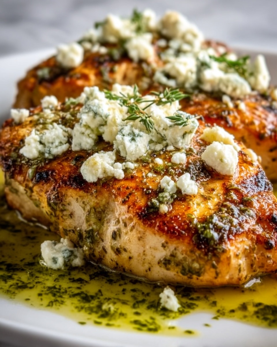 The image shows a close-up of grilled chicken breasts with a golden-brown, slightly charred surface, topped with crumbled white cheese and green herbs. The chicken is placed on a white plate with a drizzle of green herbal sauce around it. The textures include the crispy chicken skin, soft cheese, and fresh herbs. The background is a white marbled texture. Photo taken with an iphone --ar 4:5 --v 7