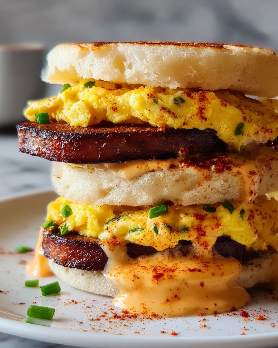The image shows a close-up of a thick sandwich with three layers on a white plate resting on a white marbled surface. The bottom and top layers are toasted english muffins, light beige with a slightly crispy texture and distinct browning on the top muffin. Inside, there are two fluffy yellow scrambled egg layers, each sprinkled with small green herbs. In between the egg layers are two dark brown strips of grilled or seared meat. Creamy orange sauce, slightly thick with a smooth texture, drips slowly down the sides of the sandwich, dusted with reddish spices. Small green chive pieces are scattered on the eggs and sauce, adding a pop of color. The overall look is rich, warm, and appetizing. photo taken with an iphone --ar 4:5 --v 7