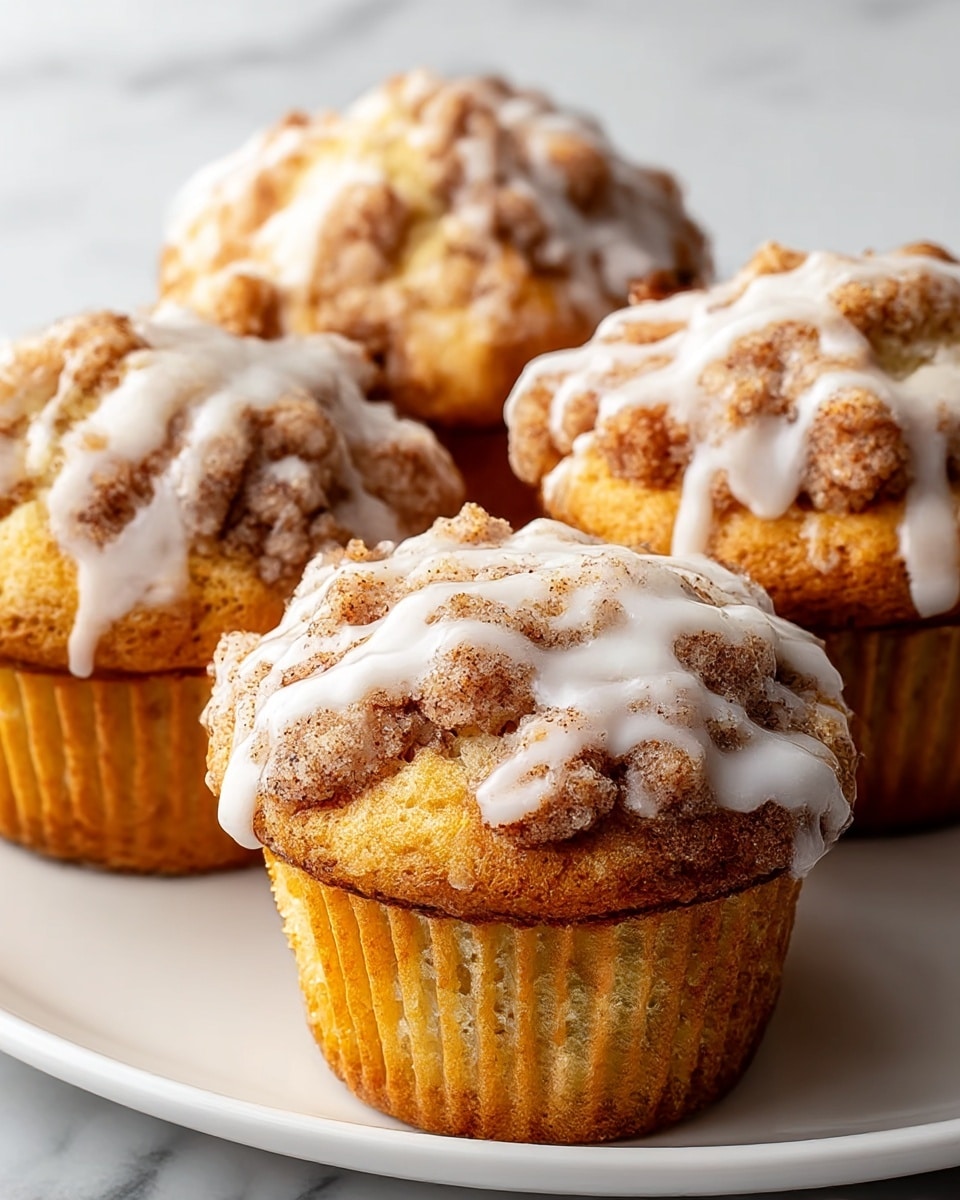 The image shows close-up of four muffins on a white plate, each muffin has a golden brown base with a slightly ridged texture and a fluffy, light yellow cake interior. On top of each muffin, there is a thick, uneven layer of crumbly cinnamon streusel with dark brown and light tan specks. A white, glossy glaze is drizzled across the top of the muffins in a loose, irregular pattern, adding a shiny texture. The background is a clean white marbled surface that contrasts softly with the warm colors of the muffins. photo taken with an iphone --ar 4:5 --v 7