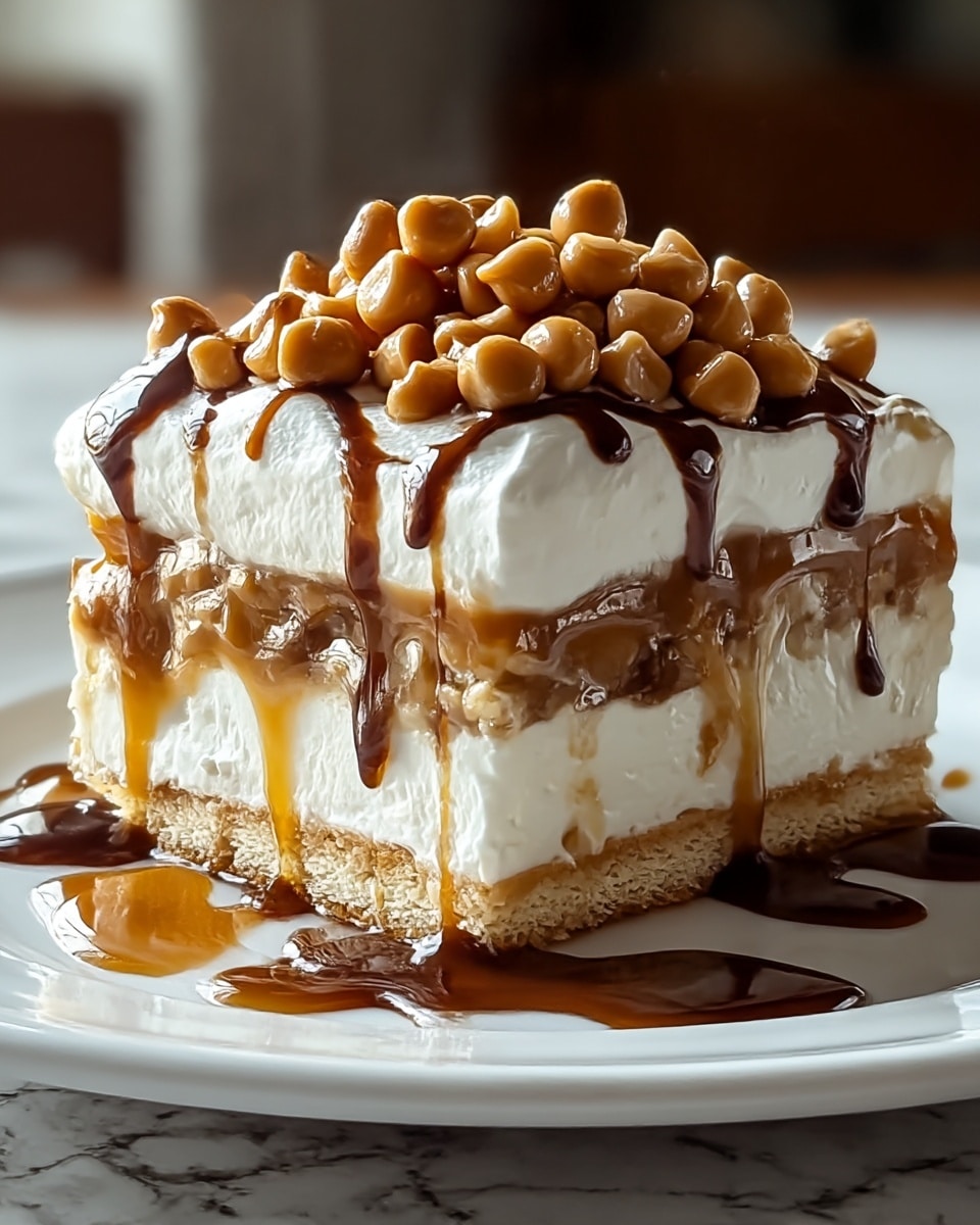 A close-up of a square dessert with four visible layers: the bottom layer is light brown and soft, likely a biscuit or cake base; the second layer is thick and white, creamy in texture; the third layer is caramel-colored and glossy, with some chocolate chunks; the top layer is thick and white, similar to whipped cream or frosting. On top, a generous pile of small, round caramel or peanut pieces is spread evenly. The dessert is drizzled with dark chocolate and caramel sauce, some of which flows down the sides and pools on a white plate beneath it, all set on a white marbled texture background. photo taken with an iphone --ar 4:5 --v 7
