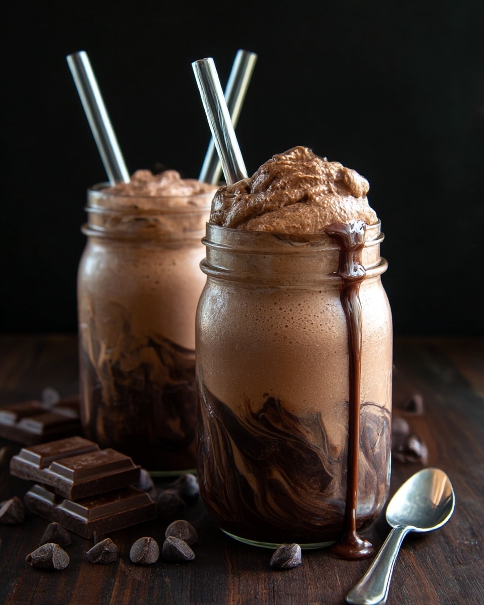 Two jars filled with thick chocolate mousse are shown on a dark wooden surface with chocolate chips and bars scattered around. Each jar has three main layers: a bottom layer of dark chocolate swirls against the glass, a middle layer of light brown mousse with a smooth, creamy texture, and a top layer of fluffy chocolate mousse with a slightly uneven surface. Both jars have clear glass straws standing upright, with some chocolate dripping on one of the straws and the rim of the jar. A silver spoon rests on the right side on the dark wood. The background is deep black. photo taken with an iphone --ar 4:5 --v 7