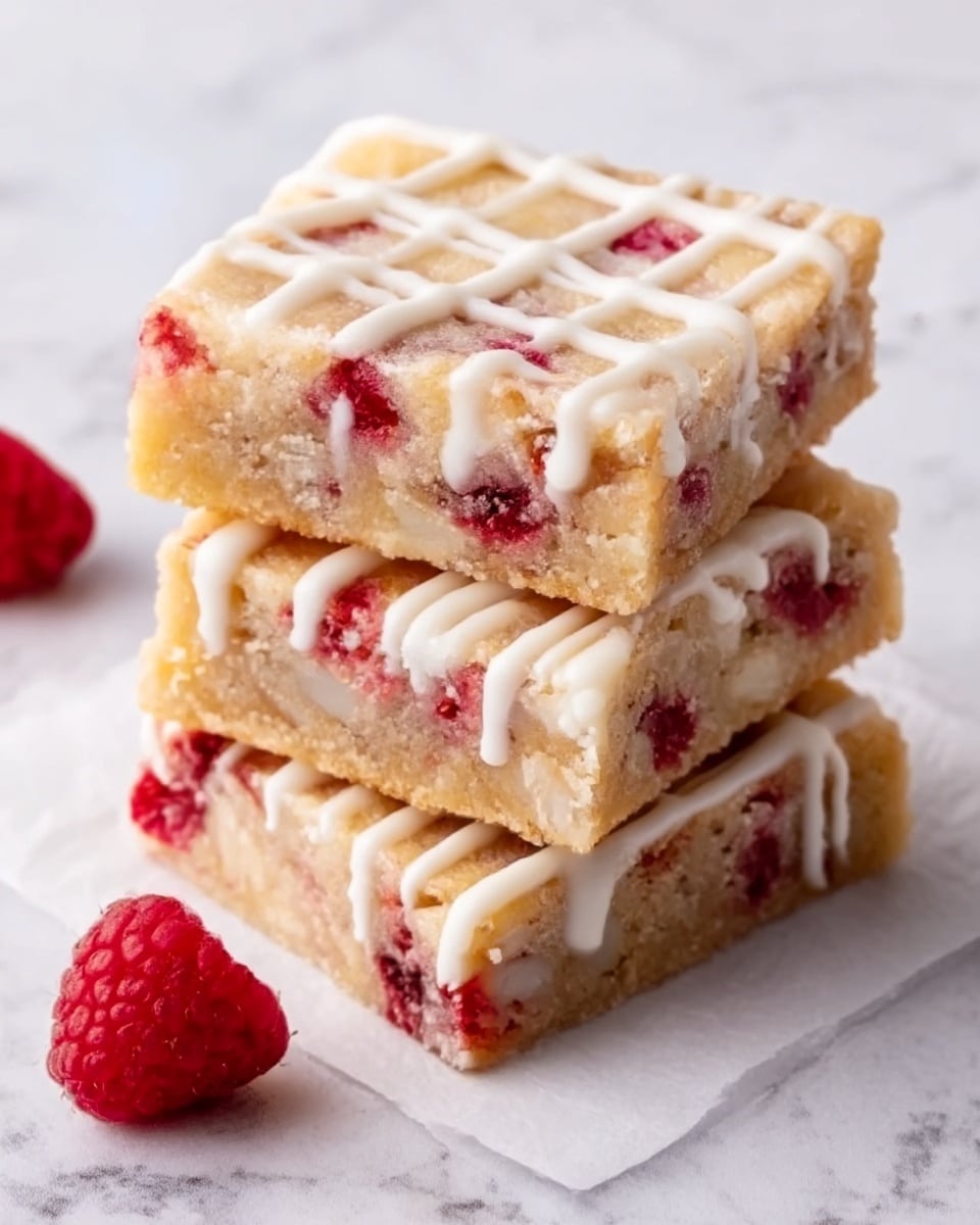 The image shows three square dessert bars stacked on top of each other on a white parchment paper over a white marbled surface. Each bar has a light golden base with visible pieces of red raspberries mixed inside. The tops are drizzled with a thin white icing in diagonal lines, creating a glossy texture. There is a whole raspberry placed near the stack on the surface, adding a fresh touch to the scene. Photo taken with an iphone --ar 4:5 --v 7
