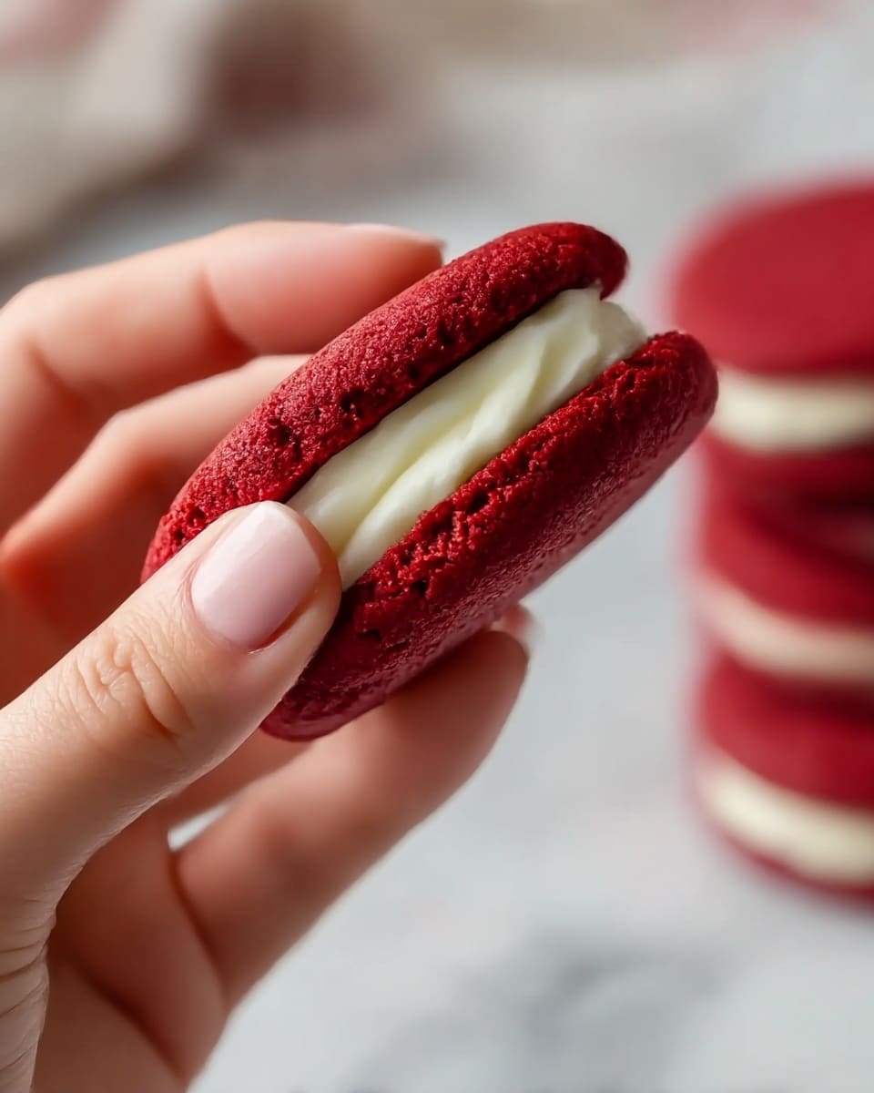 A close-up of a red velvet sandwich cookie with two soft, deep red layers that have a slightly crumbly texture, and a thick middle layer of smooth, creamy white filling. A woman's hand gently holds the cookie from the side. In the background, there are more of the same cookies stacked, slightly out of focus, all on a white marbled surface. photo taken with an iphone --ar 4:5 --v 7