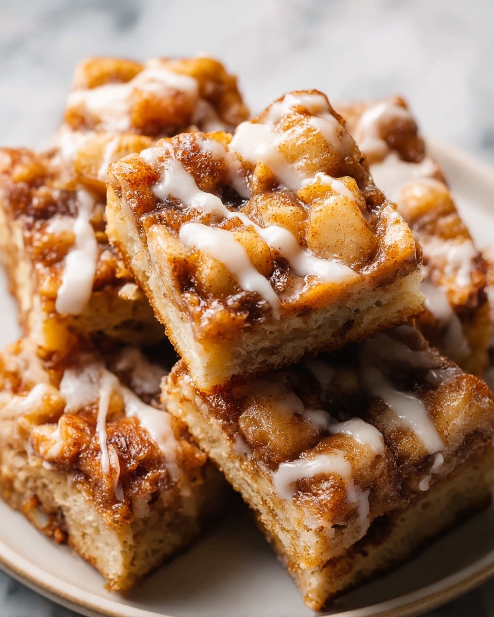 A close-up image of a plate with five square pieces of cinnamon roll bread pudding stacked on a white plate. Each square has a base layer of soft golden brown bread with a rough texture, topped with a thick layer of caramelized, cinnamon-spiced bread chunks that look gooey and rich. The top is drizzled with white icing, adding a glossy and creamy finish over the browned and slightly crispy edges. The background is a white marbled texture with soft, natural lighting highlighting the warm tones and textures of the dessert. Photo taken with an iphone --ar 4:5 --v 7
