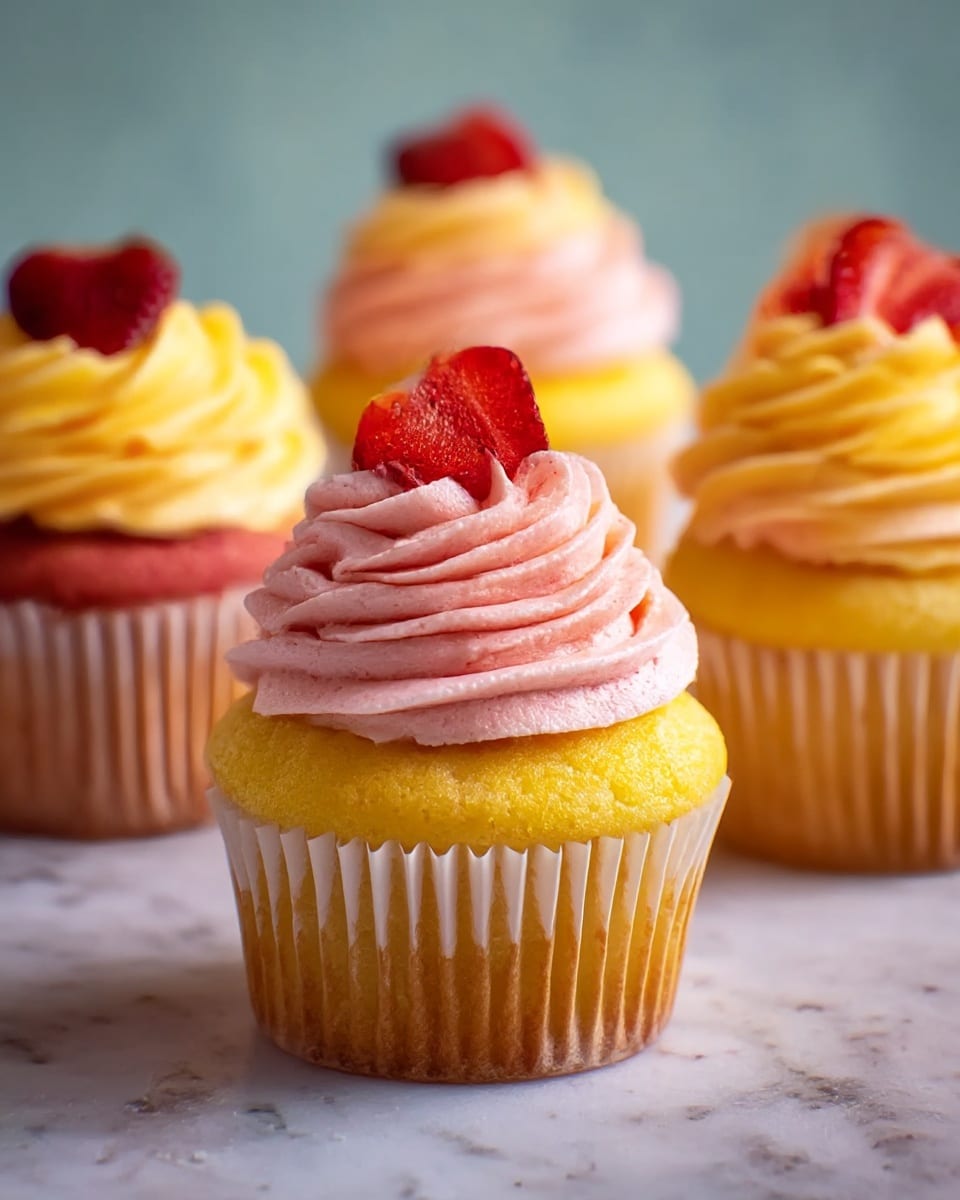 The image shows five cupcakes with two layers of swirled frosting on top. The bottom layer of frosting is bright yellow with a smooth, creamy texture, and the top layer is light pink with a slightly thicker, softer look. Each cupcake is topped with a small piece of bright red strawberry. The cupcake base is golden brown with thin vertical ridges from the white paper liner. The cupcakes sit on a white marbled surface, with a soft blue-gray background behind. photo taken with an iphone --ar 4:5 --v 7