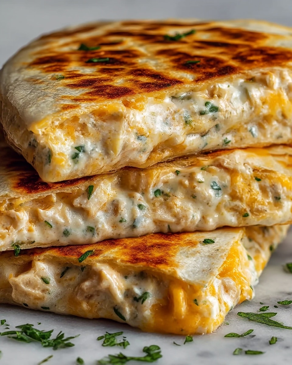 A close-up view shows a stack of three quesadilla wedges, each made with two golden brown, crispy tortillas that have a slightly charred pattern on top. Between the tortillas, a thick layer of creamy melted white cheese mixed with green herb bits and shredded orange cheddar cheese oozes out. The filling looks rich and gooey, with a creamy texture holding small pieces of what appears to be chicken mixed with herbs. Bits of fresh green herbs are sprinkled lightly on top and around the quesadillas, which are placed on a white marbled surface. photo taken with an iphone --ar 4:5 --v 7