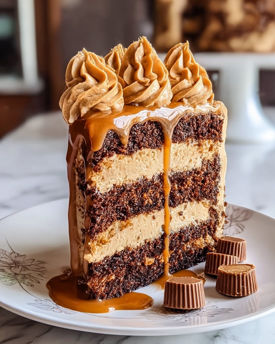 A slice of three-layer chocolate cake stands on a white plate with subtle floral patterns, placed on a white marbled texture. The cake layers are dark brown with a crumbly texture, alternating with thick, creamy light brown layers of frosting. Rich caramel sauce drips over the top and down the sides, pooling onto the plate below. On top, five decorative swirls of caramel-colored frosting add height and detail, matching the smooth glossy caramel sauce. Several small peanut butter cup candies rest on the plate near the cake. Photo taken with an iphone --ar 4:5 --v 7