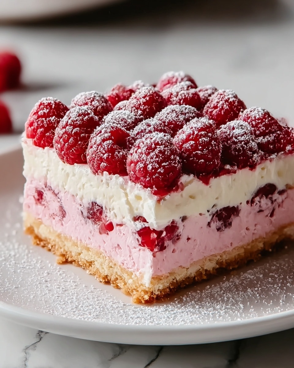 A slice of raspberry dessert sits on a white plate, placed on a white marbled surface. The dessert has four layers: the bottom layer is a light brown crumbly crust, above it is a thick layer of pink creamy filling with whole raspberries embedded inside, followed by a thick white creamy layer, and topped with a dense layer of fresh red raspberries dusted with powdered sugar. The powdered sugar lightly covers the edges of the dessert and some falls onto the plate. photo taken with an iphone --ar 4:5 --v 7