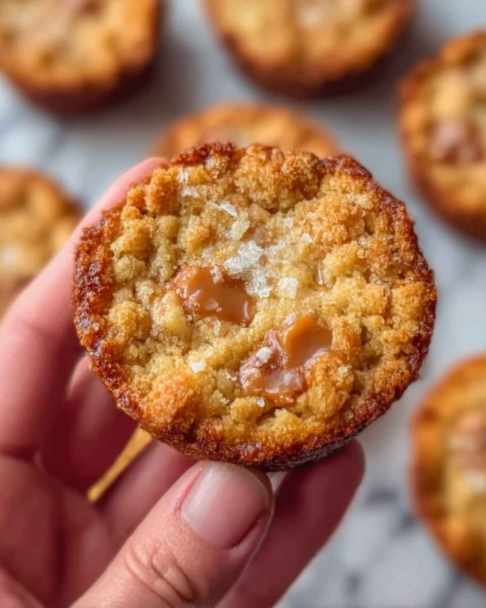 A close-up view of a small round baked dessert with a crumbly golden brown top layer that is uneven and rough in texture. Pieces of shiny caramel or butterscotch are partially melted and embedded on the top layer, creating a mix of light amber and creamy beige colors. The dessert is being held by a woman's hand, showing the size relative to the fingers, with more similar desserts slightly blurred in the background. The background is a white marbled surface. Photo taken with an iphone --ar 4:5 --v 7
