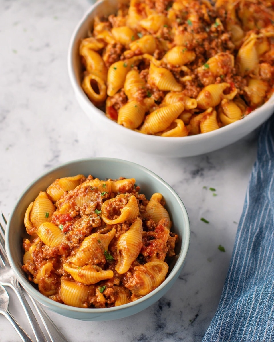A close-up view of two bowls filled with shell pasta mixed with a thick red sauce containing ground meat and small pieces of red bell pepper. The pasta shells are coated evenly with the sauce and scattered with small bits of green herbs on top. The bowls are white and set on a white marbled surface. A white bowl with more pasta is visible in the background, sitting on a blue and white striped cloth. Two silver forks rest near the bottom left corner on the surface. photo taken with an iphone --ar 4:5 --v 7