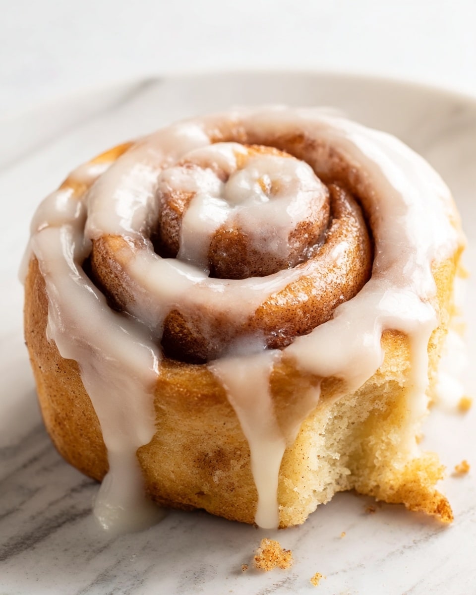 A close-up view of a single cinnamon roll on a white plate with a white marbled texture, showing three visible spiral layers of soft, golden-brown dough. The top is covered with a thick, creamy white glaze that drips down the sides in smooth, shiny lines, highlighting the light cinnamon sugar filling inside the swirls. The cinnamon roll has a slightly textured, fluffy surface with a few crumbs scattered nearby. Photo taken with an iphone --ar 4:5 --v 7