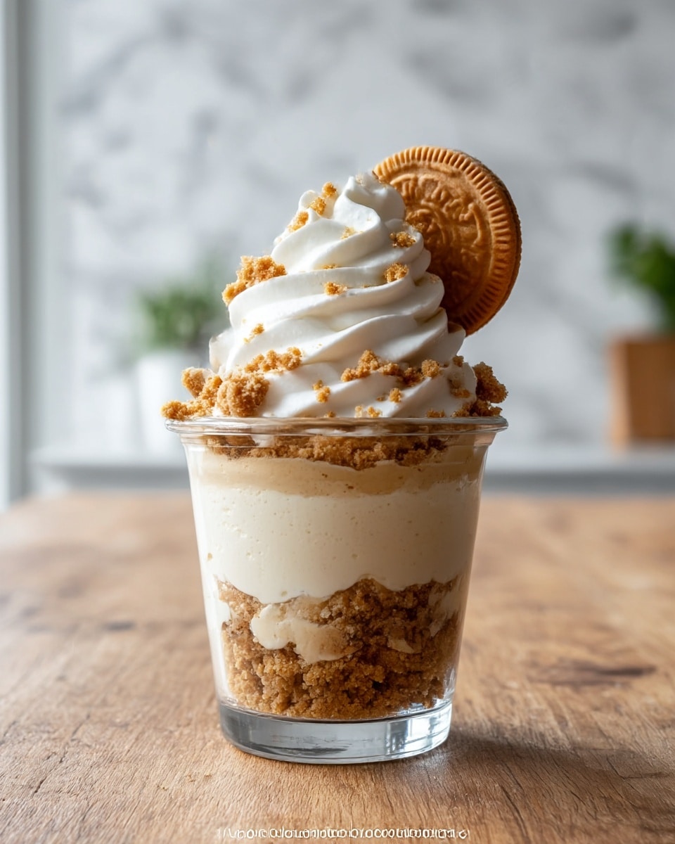 A clear glass cup with three visible layers stands on a wooden table with a white marbled background. The bottom layer is crumbly, light brown cookie crumbs filling about one-third of the cup. The middle layer is a smooth, creamy light beige filling covering more than one-third of the cup. On top, thick white whipped cream spirals upward with a slightly textured surface. Crumbled cookie bits are sprinkled over the whipped cream. A single whole light brown round cookie is inserted vertically at the back center of the whipped cream layer. Photo taken with an iphone --ar 4:5 --v 7