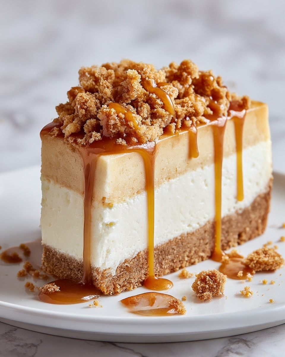 A close-up image of a cheesecake slice on a white plate with a white marbled surface background. The cheesecake has three visible layers: a thick, crumbly light brown base; a thick, creamy white middle layer; and a topping made of small crumbled cookies in light brown shades, drizzled with caramel sauce that flows over the edges. Some cookie crumbs are scattered around the plate, adding texture and detail. The photo taken with an iphone --ar 4:5 --v 7