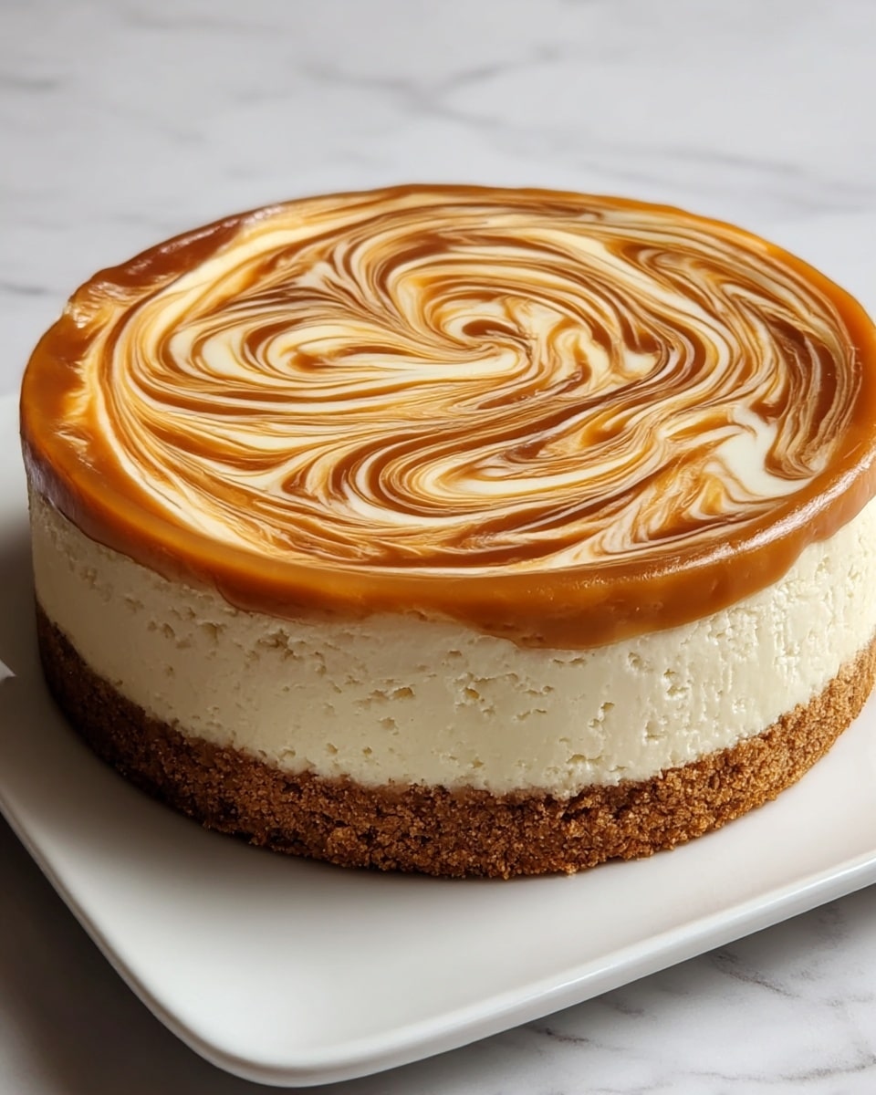 A round cheesecake sits on a white plate over a white marbled background, featuring three distinct layers: a textured dark brown crumb base, a thick and smooth creamy light beige middle, and a glossy caramel top layer with intricate swirls that mix caramel brown and creamy white, creating a marbled effect across the surface. The edges of the caramel layer gently ripple along the cake’s circumference, adding a soft decorative touch. photo taken with an iphone --ar 4:5 --v 7