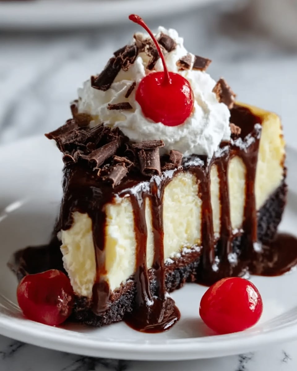 A slice of cheesecake with three visible layers: the bottom crust layer is dark brown and crumbly, the middle layer is thick and creamy pale yellow, and the top layer is rich, glossy dark chocolate sauce dripping down the sides. On top of the cheesecake is a swirl of white whipped cream covered with dark chocolate shavings, crowned by a bright red cherry. Another red cherry sits next to the slice on a white plate, all set on a white marbled surface. The photo taken with an iphone --ar 4:5 --v 7