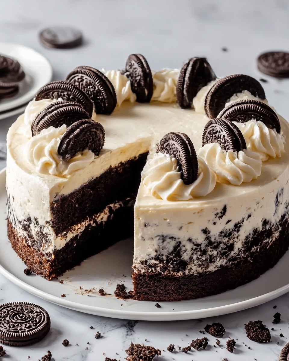 The image shows a two-layer round chocolate cake with a light cream filling in the middle. The bottom layer is dark and moist chocolate cake, topped with a thick layer of light cream mixed with small dark cookie bits. The top layer is also chocolate cake, covered with a smooth layer of cream. On top, there is a circle of whole dark chocolate sandwich cookies placed evenly around the edge, with swirls of white cream piped between them. The cake is on a white plate, set against a white marbled background with some cookie crumbs scattered around. A slice has been removed, showing the thick cream layer inside photo taken with an iphone --ar 4:5 --v 7