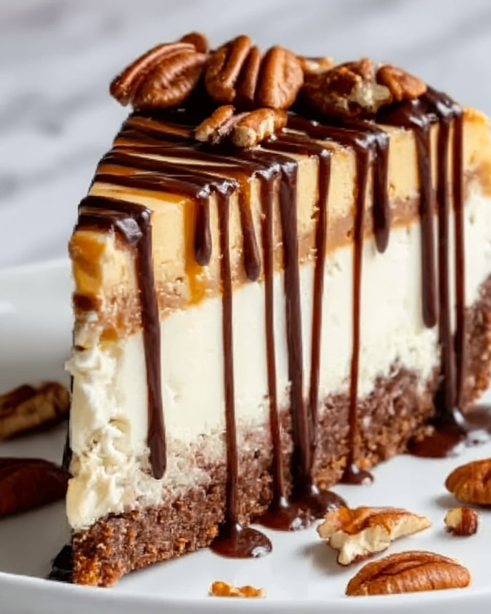 A tall slice of cheesecake with three layers: a crumbly brown crust at the bottom, a thick creamy white middle layer, and a thinner light brown top layer. The whole slice is drizzled with dark chocolate sauce running down from the top in thin ribbons. There are pecan nuts placed on the top layer and scattered around the slice. The cheesecake is on a white plate, which rests on a white marbled surface. Photo taken with an iphone --ar 4:5 --v 7