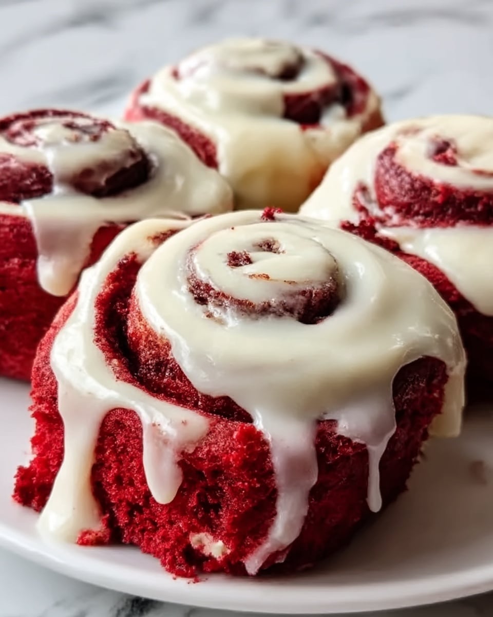 The image shows three red velvet cinnamon rolls on a white plate, each roll layered with a deep red cake base and swirled with white cream cheese frosting inside. The top layer of the rolls is thickly covered with glossy, melted white frosting that drips slightly down the sides, creating a smooth, creamy texture contrasting with the soft, crumbly red cake. The rolls are placed close together on a surface with a white marbled texture background. photo taken with an iphone --ar 4:5 --v 7