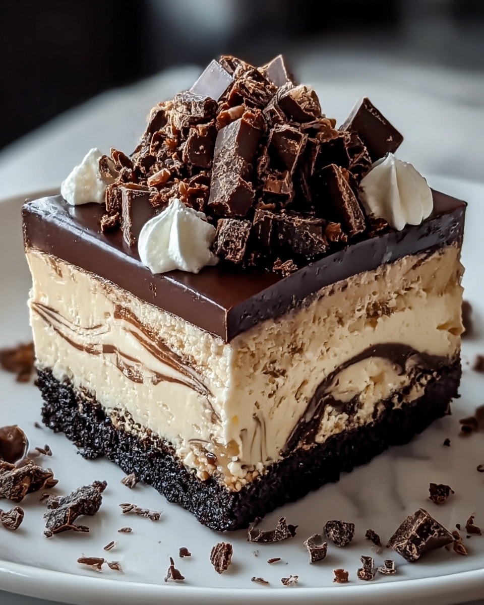 A single square slice of layered chocolate dessert on a white plate, showing four main layers: a dark crumbly base, a thick beige creamy middle with dark chocolate drizzle swirled inside, a smooth dark chocolate ganache layer on top, and a heap of dark chocolate chunks and shavings piled high in the center, with small dollops of white cream peeking out from under the chocolate chunks. The dessert slice has some chocolate crumbs and shavings scattered around the plate, all set on a white marbled surface. Photo taken with an iphone --ar 4:5 --v 7